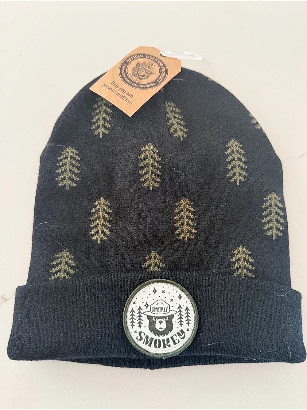 Smokey Bear Black Tree Pattern Beanie NWT
